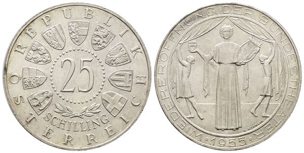 AUSTRIA. 25 scellini 1955 "Riapertura teatro nazionale di Vienna". KM 2880; Ag; 13gr.