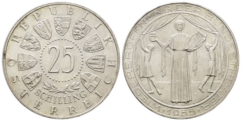 Austria. 25 Scellini 1955 'riapertura Teatro Nazionale di Vienna'. Km 2880; Ag; 13gr.