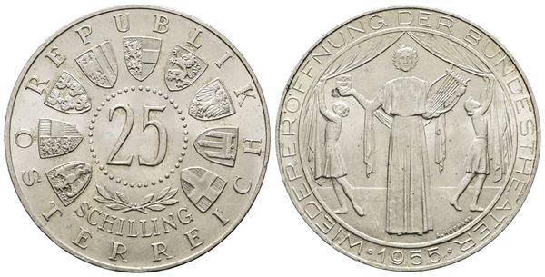 AUSTRIA. 25 scellini 1955 "Riapertura teatro nazionale di Vienna". KM 2880; Ag; 13gr.