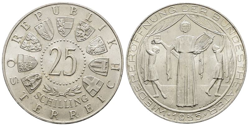 Austria. 25 Scellini 1955 'riapertura Teatro Nazionale di Vienna'. Km 2880; Ag; 13gr.