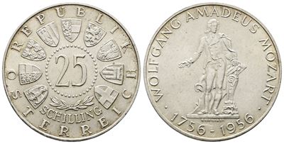 Austria. 25 Scellini 1956 "200 Anni dalla Nascita di Mozart". Km 2881; Ag; 13gr.