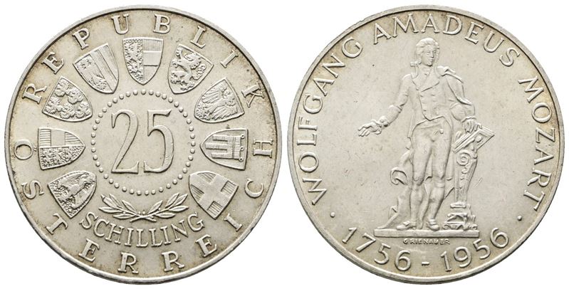 Austria. 25 Scellini 1956 "200 Anni dalla Nascita di Mozart". Km 2881; Ag; 13gr.
