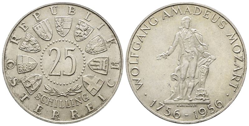 Austria. 25 Scellini 1956 '200 Anni dalla Nascita di Mozart'. Km 2881; Ag; 13gr.