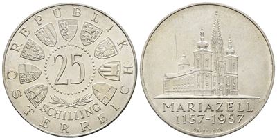 Austria. 25 Scellini 1957 '800 Anni della Basicilica di Mariazell'. Km 2883; Ag; 13gr.