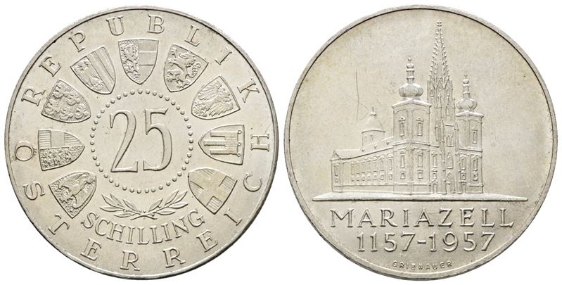 Austria. 25 Scellini 1957 '800 Anni della Basicilica di Mariazell'. Km 2883; Ag; 13gr.