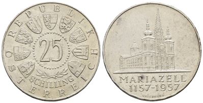 Austria. 25 Scellini 1957 '800 Anni della Basicilica di Mariazell'. Km 2883; Ag; 13gr.