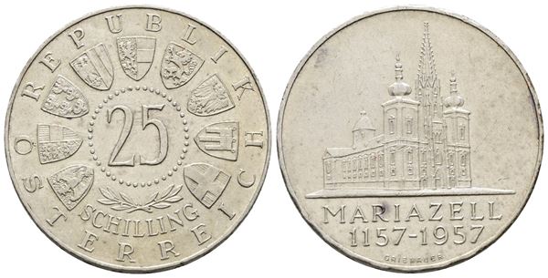 AUSTRIA. 25 scellini 1957 "800 anni della basicilica di Mariazell". KM 2883; Ag; 13gr.