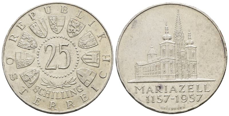 Austria. 25 Scellini 1957 '800 Anni della Basicilica di Mariazell'. Km 2883; Ag; 13gr.