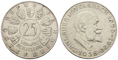 Austria. 25 Scellini 1958 'centenario della Nascita di Welsbach'. Km 2884; Ag; 13gr.