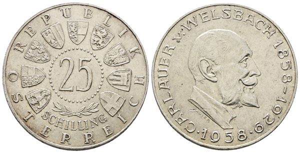 AUSTRIA. 25 scellini 1958 "Centenario della nascita di Welsbach". KM 2884; Ag; 13gr.