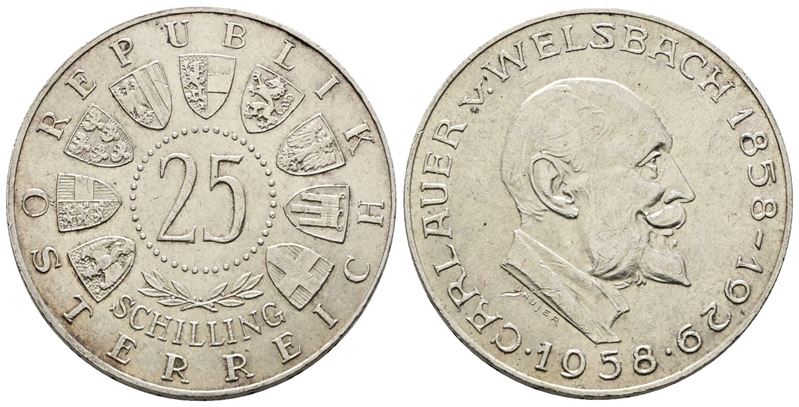 Austria. 25 Scellini 1958 'centenario della Nascita di Welsbach'. Km 2884; Ag; 13gr.