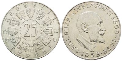 Austria. 25 Scellini 1958 'centenario della Nascita di Welsbach'. Km 2884; Ag; 13gr.