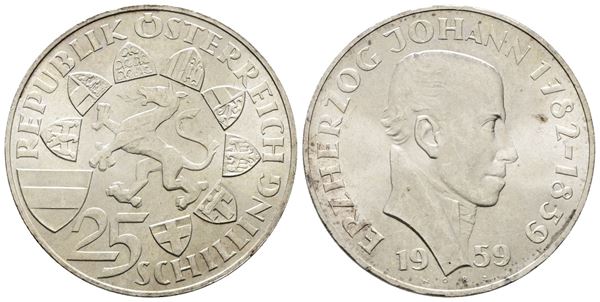 AUSTRIA. 25 scellini 1959 "Centenario della morte dell'arciduca Giovanni d'Asburgo Lorena". KM 2887; Ag; 13gr.