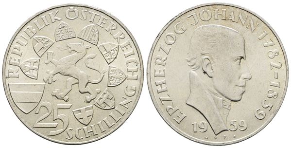 AUSTRIA. 25 scellini 1959 "Centenario della morte dell'arciduca Giovanni d'Asburgo Lorena". KM 2887; Ag; 13gr.