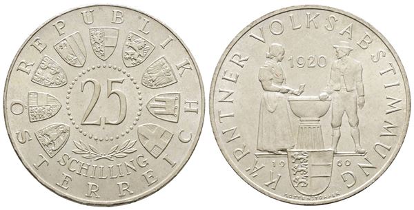 AUSTRIA. 25 scellini 1960 "40 anni del plebiscito di Carinzia". KM 2890; Ag; 13gr.