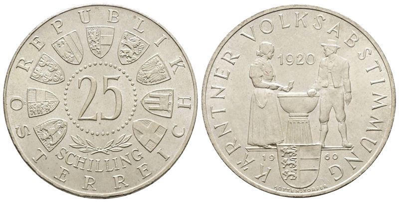 Austria. 25 Scellini 1960 '40 Anni del Plebiscito di Carinzia'. Km 2890; Ag; 13gr.