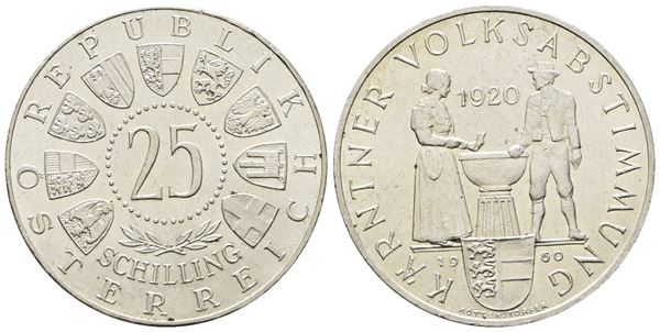 AUSTRIA. 25 scellini 1960 "40 anni del plebiscito di Carinzia". KM 2890; Ag; 13gr.