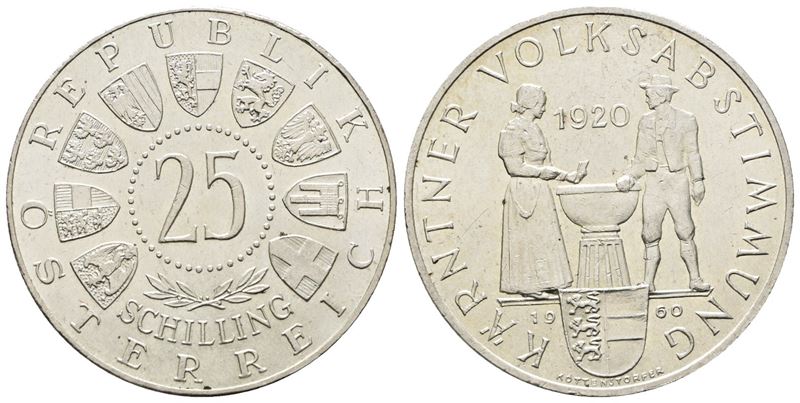 Austria. 25 Scellini 1960 '40 Anni del Plebiscito di Carinzia'. Km 2890; Ag; 13gr.
