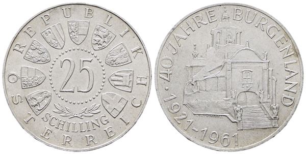 AUSTRIA. 25 scellini 1961 "40° anniversario Burgerland". KM 2891; Ag; 13gr.