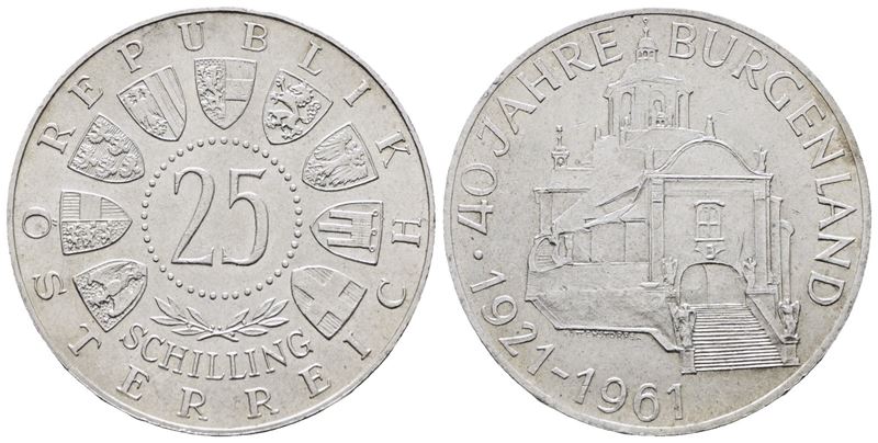 Austria. 25 Scellini 1961 '40° Anniversario Burgerland'. Km 2891; Ag; 13gr.