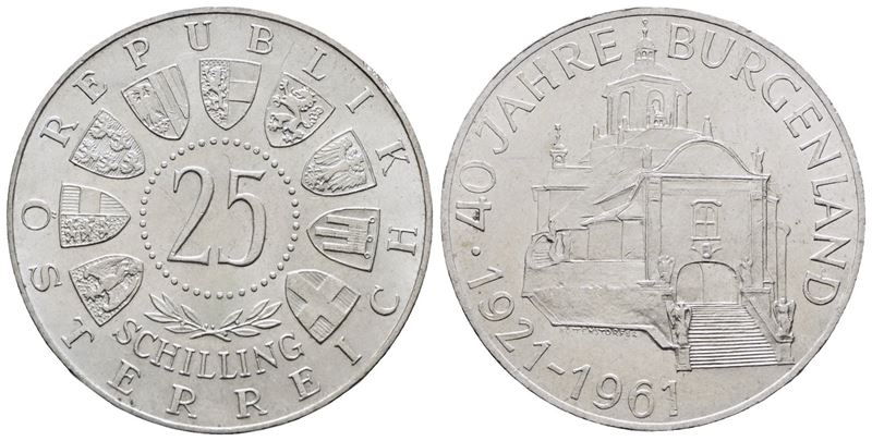 Austria. 25 Scellini 1961 '40° Anniversario Burgerland'. Km 2891; Ag; 13gr.