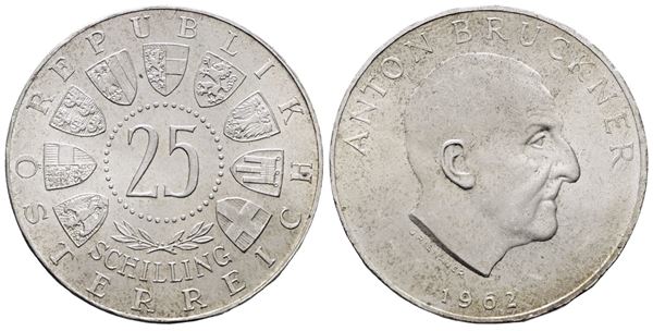 AUSTRIA. 25 scellini 1962 "Anton Bruckner". KM 2892; Ag; 13gr.