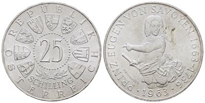 Austria. 25 Scellini 1963 '300 Anni dalla Nascita di Eugenio di Savoia'. Km 2893; Ag; 13gr.