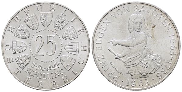 AUSTRIA. 25 scellini 1963 "300 anni dalla nascita di Eugenio di Savoia". KM 2893; Ag; 13gr.