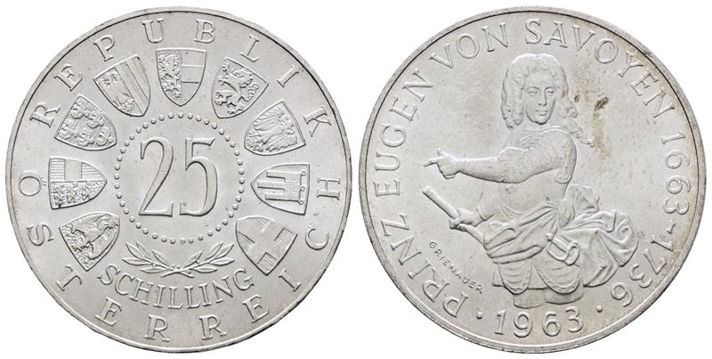 Austria. 25 Scellini 1963 '300 Anni dalla Nascita di Eugenio di Savoia'. Km 2893; Ag; 13gr.