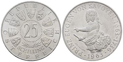 Austria. 25 Scellini 1963 '300 Anni dalla Nascita di Eugenio di Savoia'. Km 2893; Ag; 13gr.