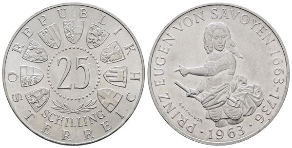 AUSTRIA. 25 scellini 1963 "300 anni dalla nascita di Eugenio di Savoia". KM 2893; Ag; 13gr.