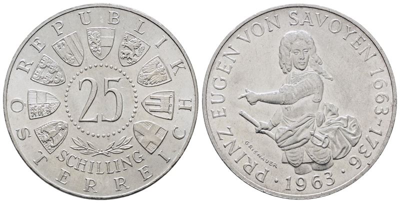 Austria. 25 Scellini 1963 '300 Anni dalla Nascita di Eugenio di Savoia'. Km 2893; Ag; 13gr.