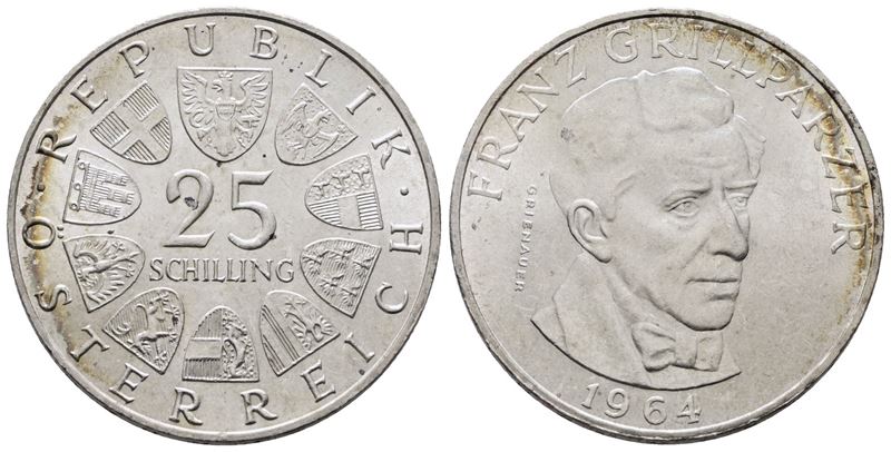 Austria. 25 Scellini 1964 'franz Grillpalzer'. Km 2895; Ag; 13gr.