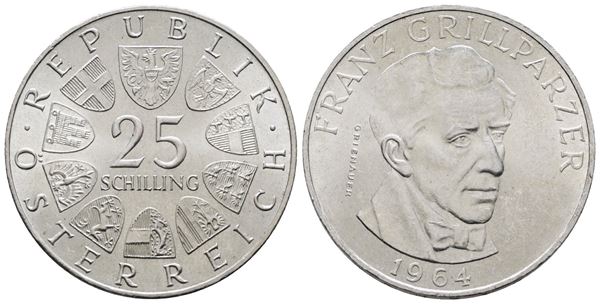 AUSTRIA. 25 scellini 1964 "Franz Grillpalzer". KM 2895; Ag; 13gr.