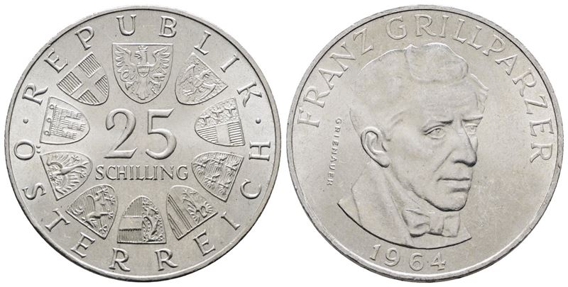 Austria. 25 Scellini 1964 'franz Grillpalzer'. Km 2895; Ag; 13gr.