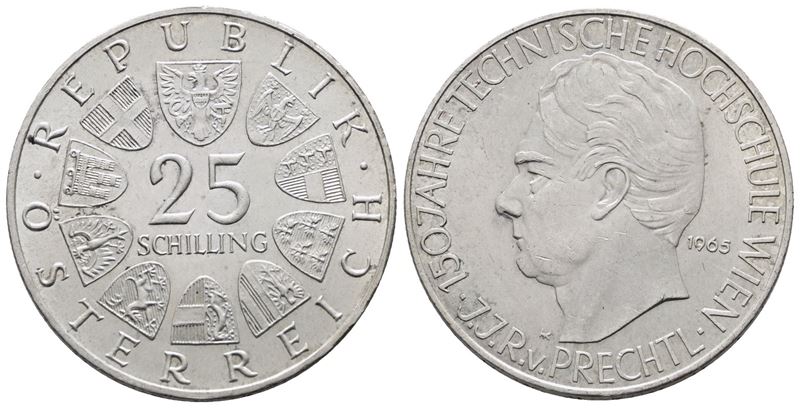 Austria. 25 Scellini 1965 '150° Anniversario Università Tecnica di Vienna'. Km 2897; Ag; 13gr.