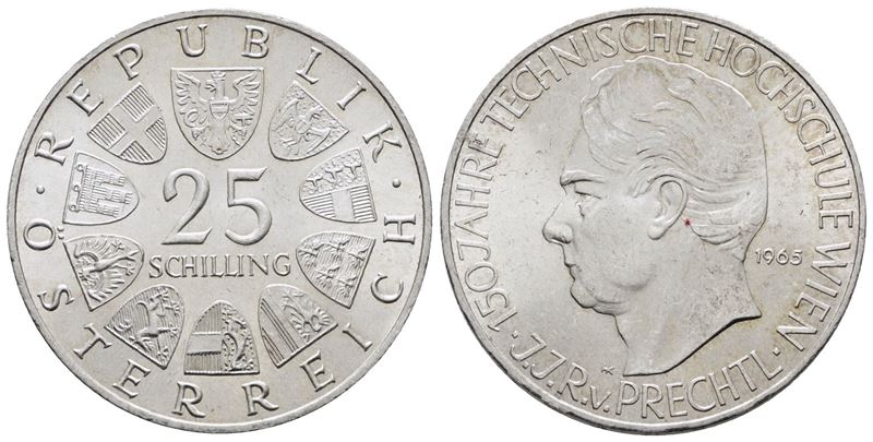 Austria. 25 Scellini 1965 '150° Anniversario Università Tecnica di Vienna'. Km 2897; Ag; 13gr.