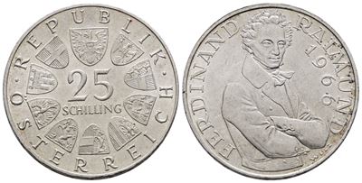 Austria. 25 Scellini 1966 '130° Anniversario Morte di Ferdinand Raimund'. Km 2899; Ag; 13gr.