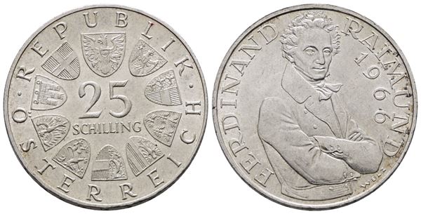 AUSTRIA. 25 scellini 1966 "130° anniversario morte di Ferdinand Raimund". KM 2899; Ag; 13gr.