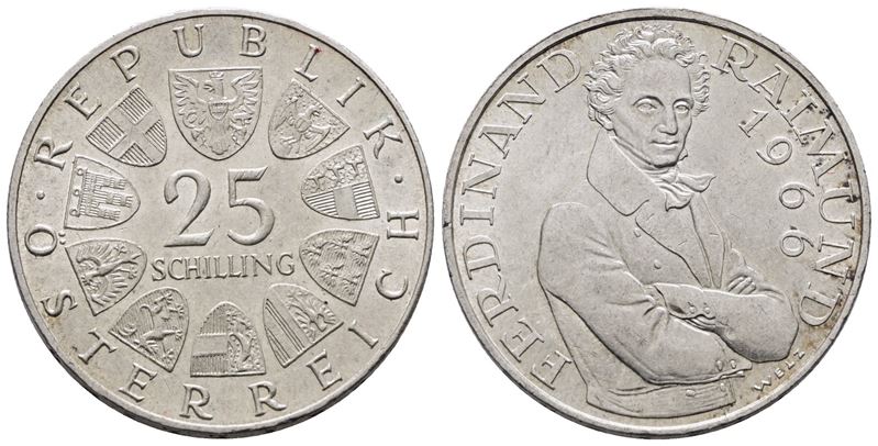 Austria. 25 Scellini 1966 '130° Anniversario Morte di Ferdinand Raimund'. Km 2899; Ag; 13gr.