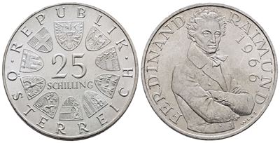 Austria. 25 Scellini 1966 '130° Anniversario Morte di Ferdinand Raimund'. Km 2899; Ag; 13gr.