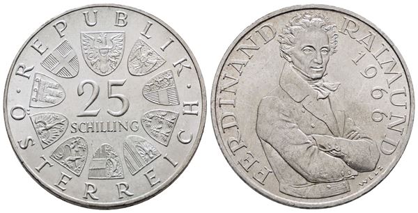 AUSTRIA. 25 scellini 1966 "130° anniversario morte di Ferdinand Raimund". KM 2899; Ag; 13gr.