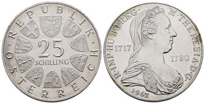 Austria. 25 Scellini 1967 "250° Anniversario Nascita di Maria Teresa". Km 2901; Ag; 13gr.