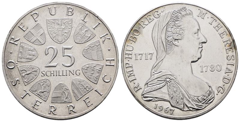 Austria. 25 Scellini 1967 "250° Anniversario Nascita di Maria Teresa". Km 2901; Ag; 13gr.