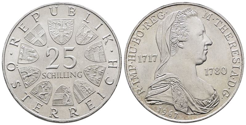 Austria. 25 Scellini 1967 '250° Anniversario Nascita di Maria Teresa'. Km 2901; Ag; 13gr.