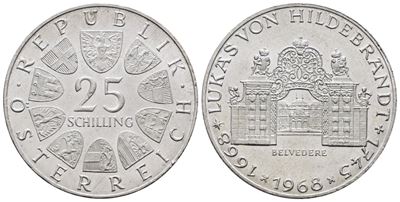 Austria. 25 Scellini 1968 '300° Anniversario Nascita di Hildebrandt'. Km 2903; Ag; 13gr.