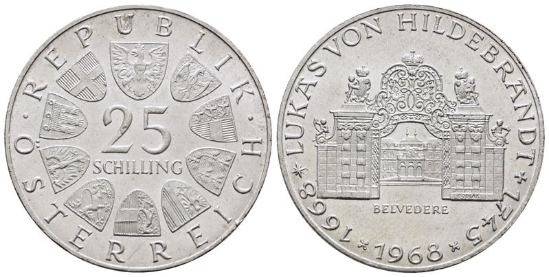 Austria. 25 Scellini 1968 '300° Anniversario Nascita di Hildebrandt'. Km 2903; Ag; 13gr.