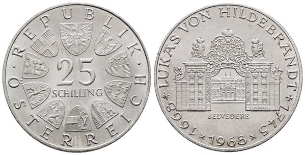 AUSTRIA. 25 scellini 1968 "300° anniversario nascita di Hildebrandt". KM 2903; Ag; 13gr.