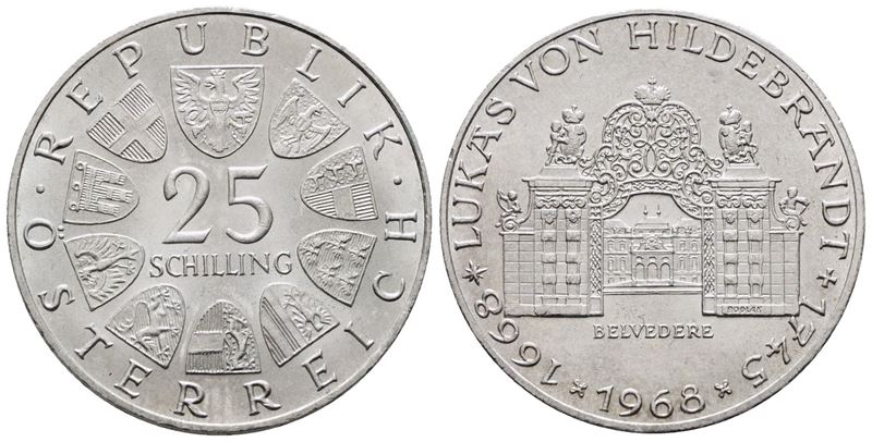 Austria. 25 Scellini 1968 '300° Anniversario Nascita di Hildebrandt'. Km 2903; Ag; 13gr.