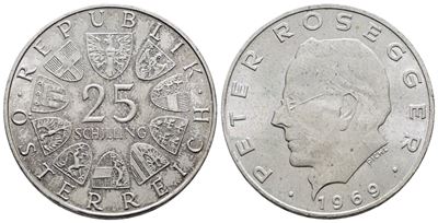 Austria. 25 Scellini 1969 'peter Rosegger'. Km 2905; Ag; 13gr.